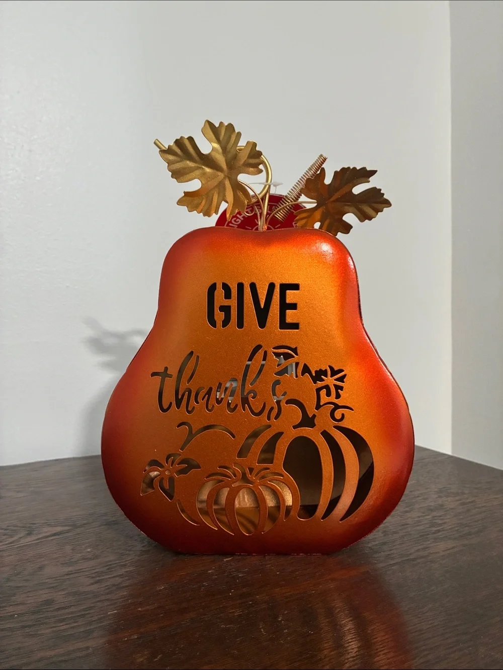 NWT-LED Light Up- Give Thanks-Orange Metal Pumpkin Decoration w/ Metal Leaves 🍁